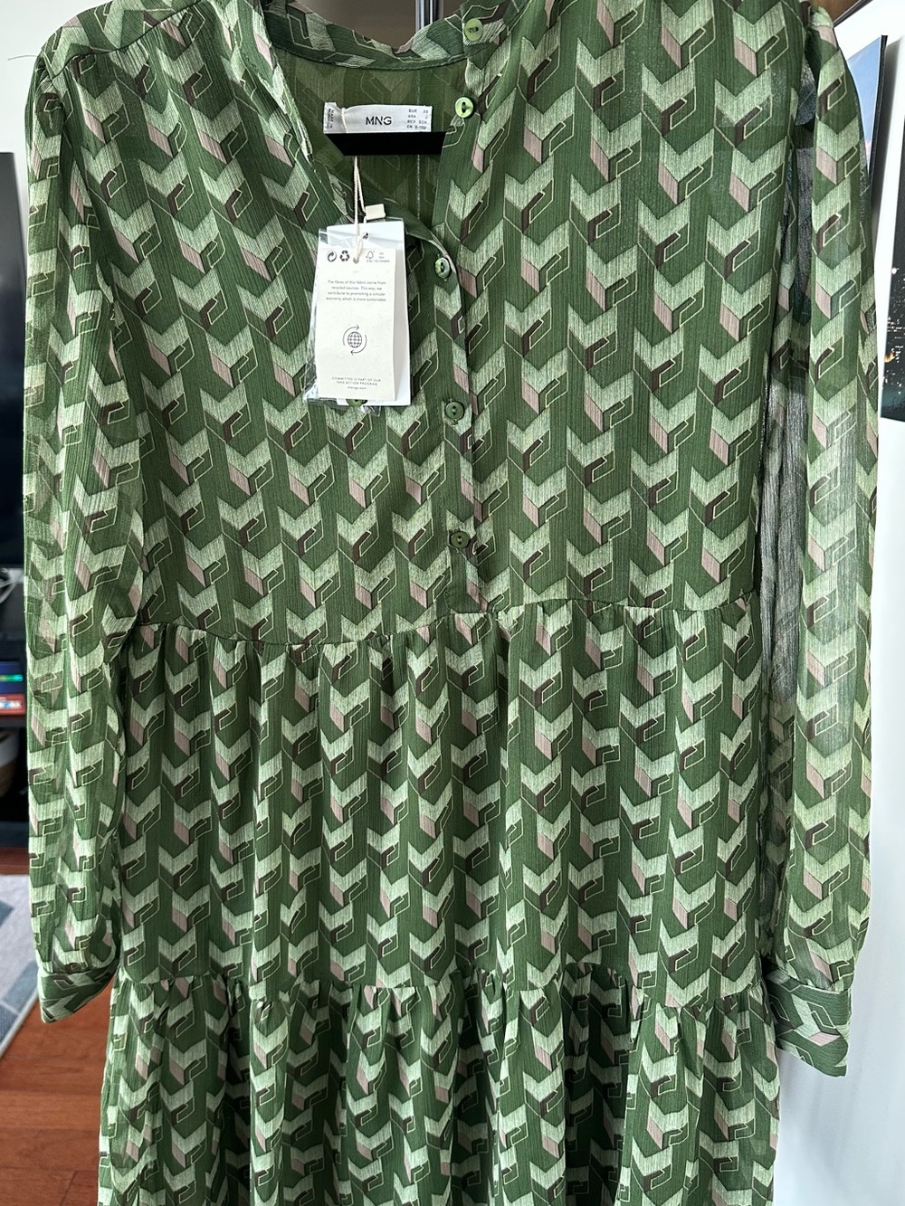 Mango Green Patterned Long Sleeve Tiered Dress